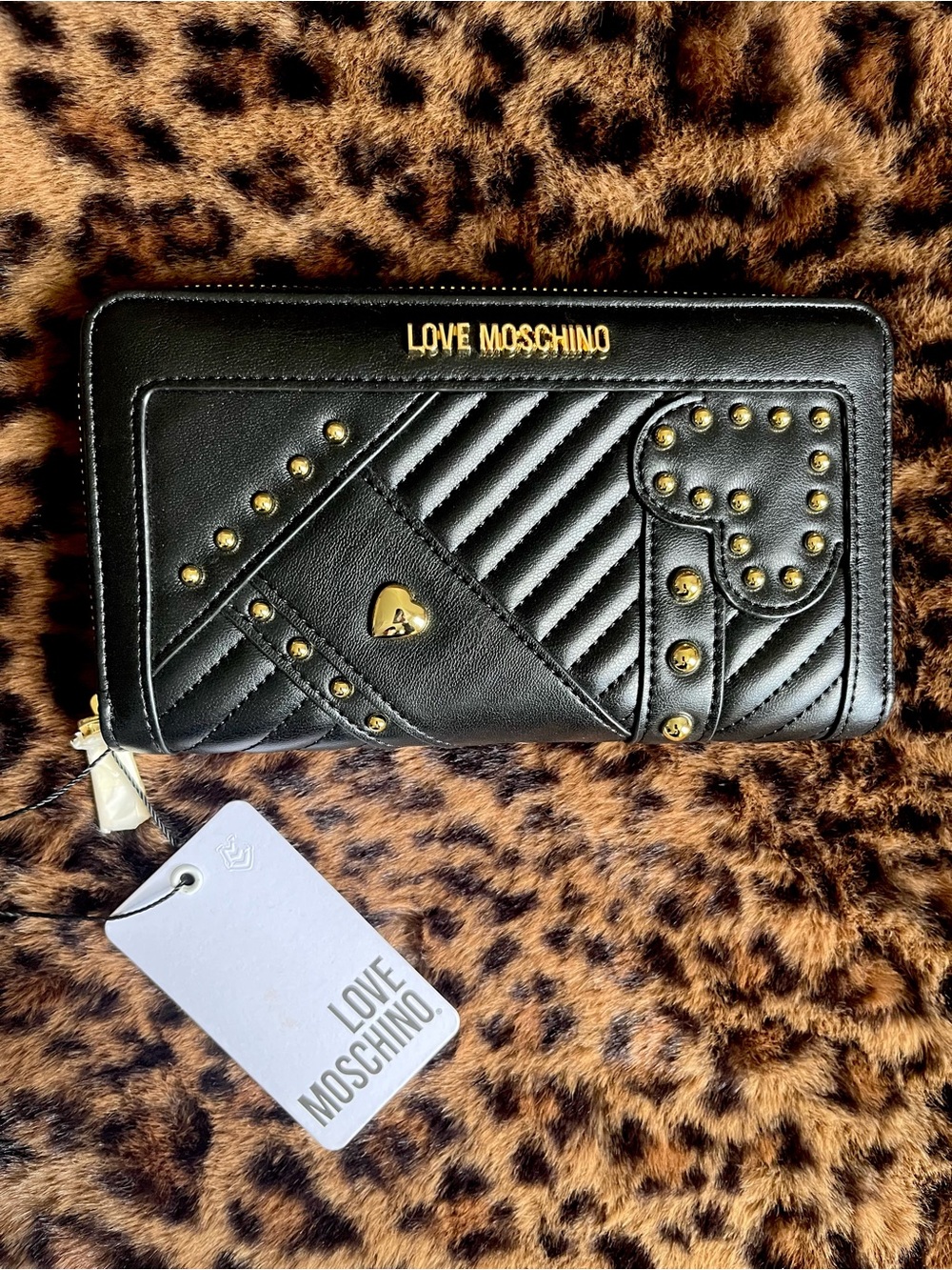 Love Moschino Black Quilted Studded Zip Wallet with Gold Heart Details